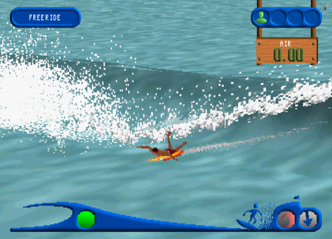 A screenshot from California Watersports, where the character Chook is building up speed to catch a wave in the surfing free-play mode.