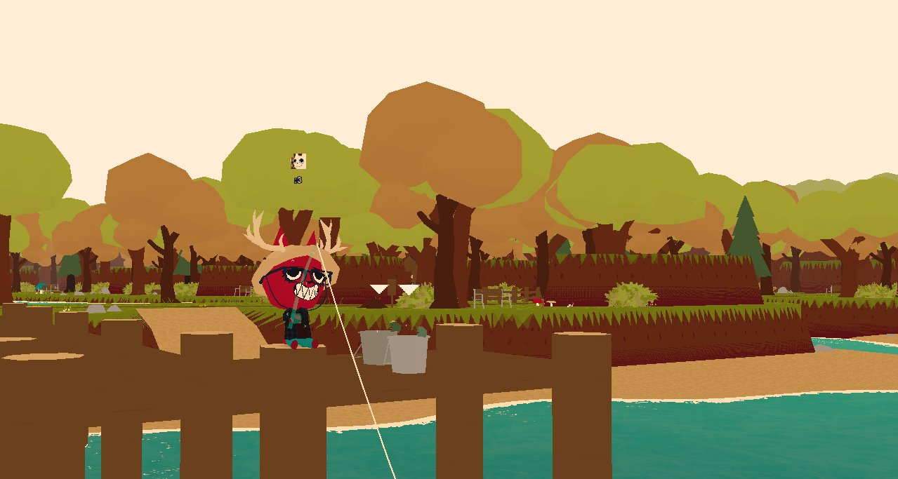 A screenshot from WEBFISHING, where my player is fishing on the pier with the game's icon as their username.