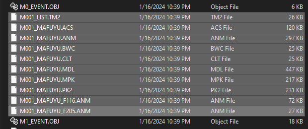 A group of extracted files with a common prefix that might indicate a directory.