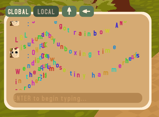 The WEBFISHING chatbox, combining the rainbow, tornado, and wave effects through username injection.